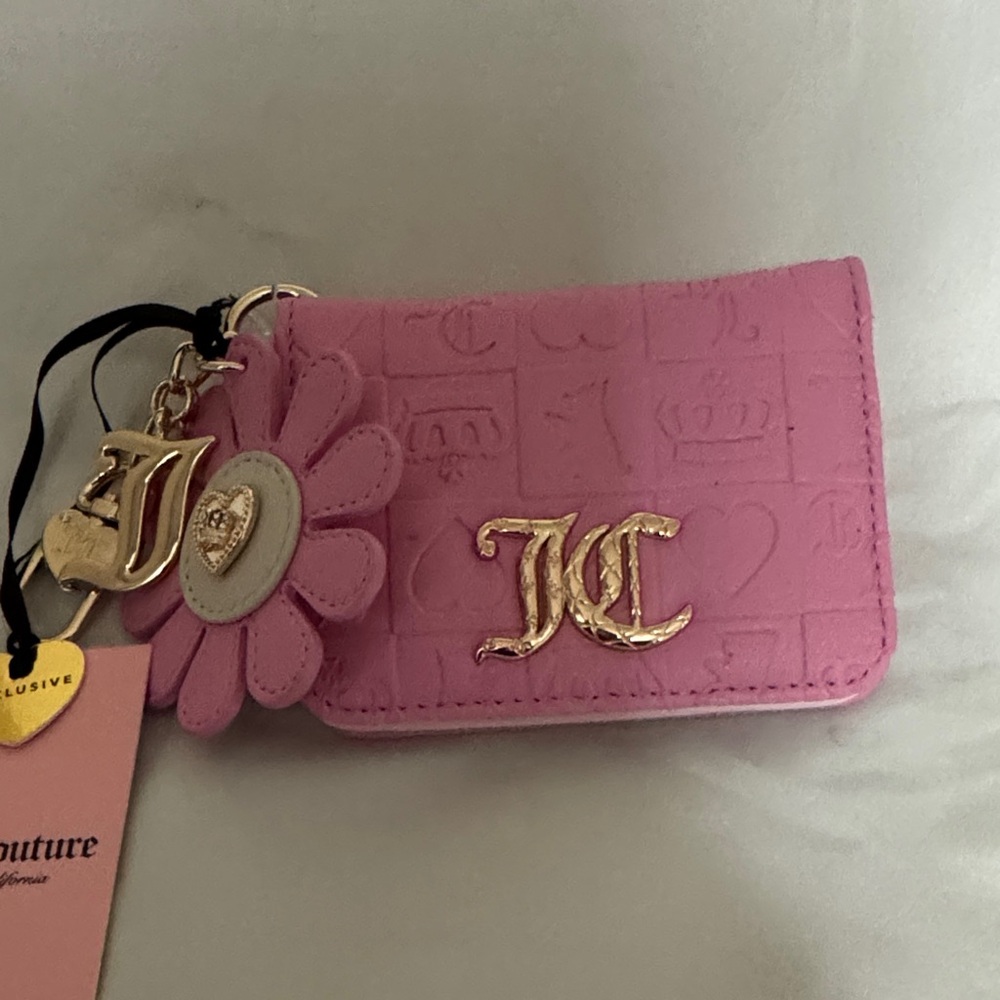 Juicy Couture Pink Embossed Card Holder with Flower Charm and Gold JC Logo